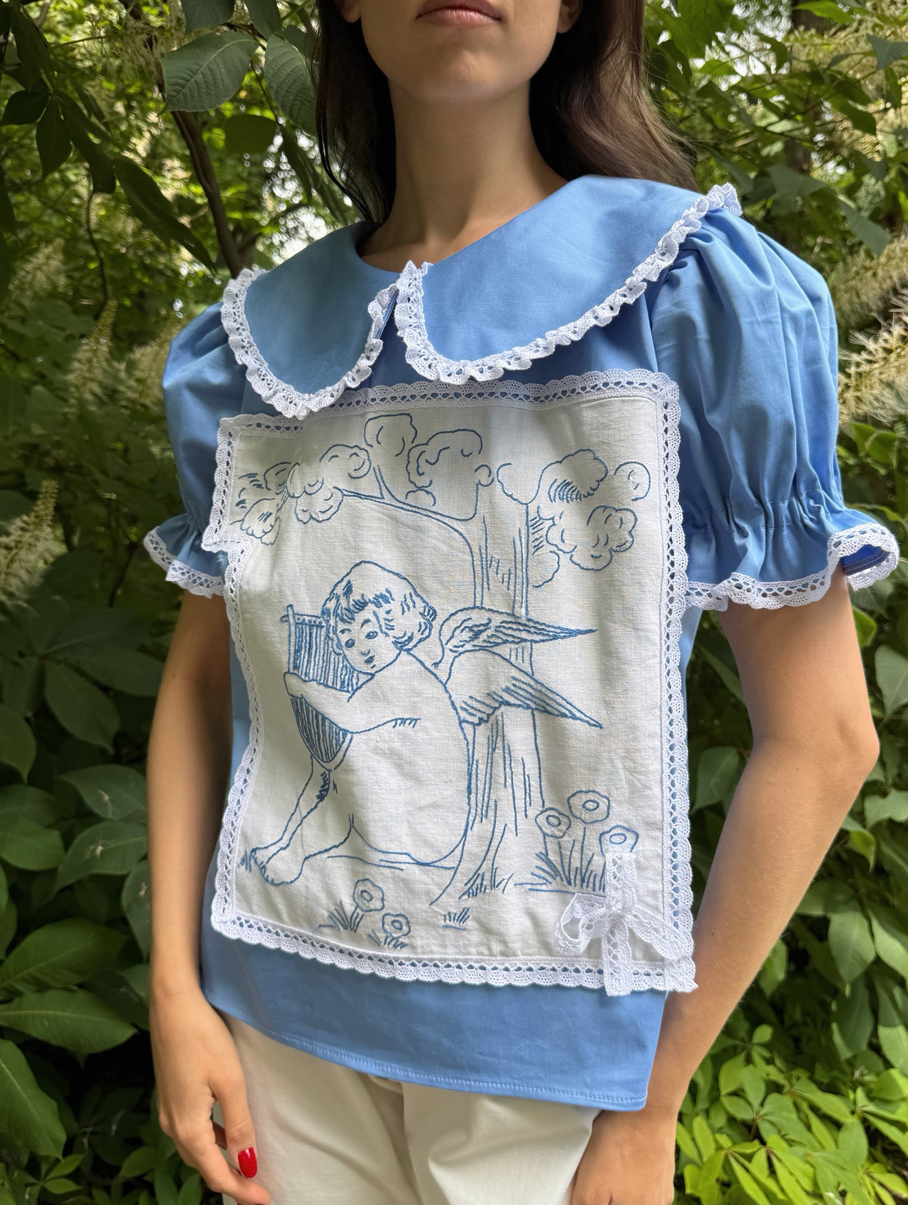 Reworked Angel Embroidery Blue Shirt