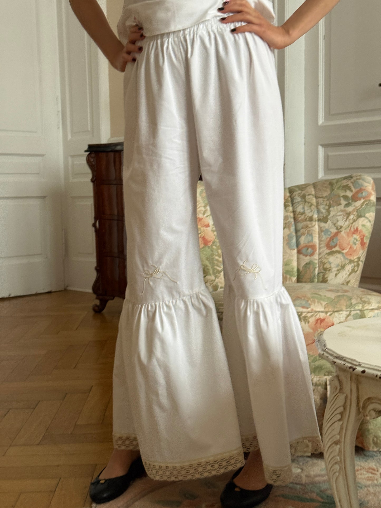 Reworked white cotton bell trousers