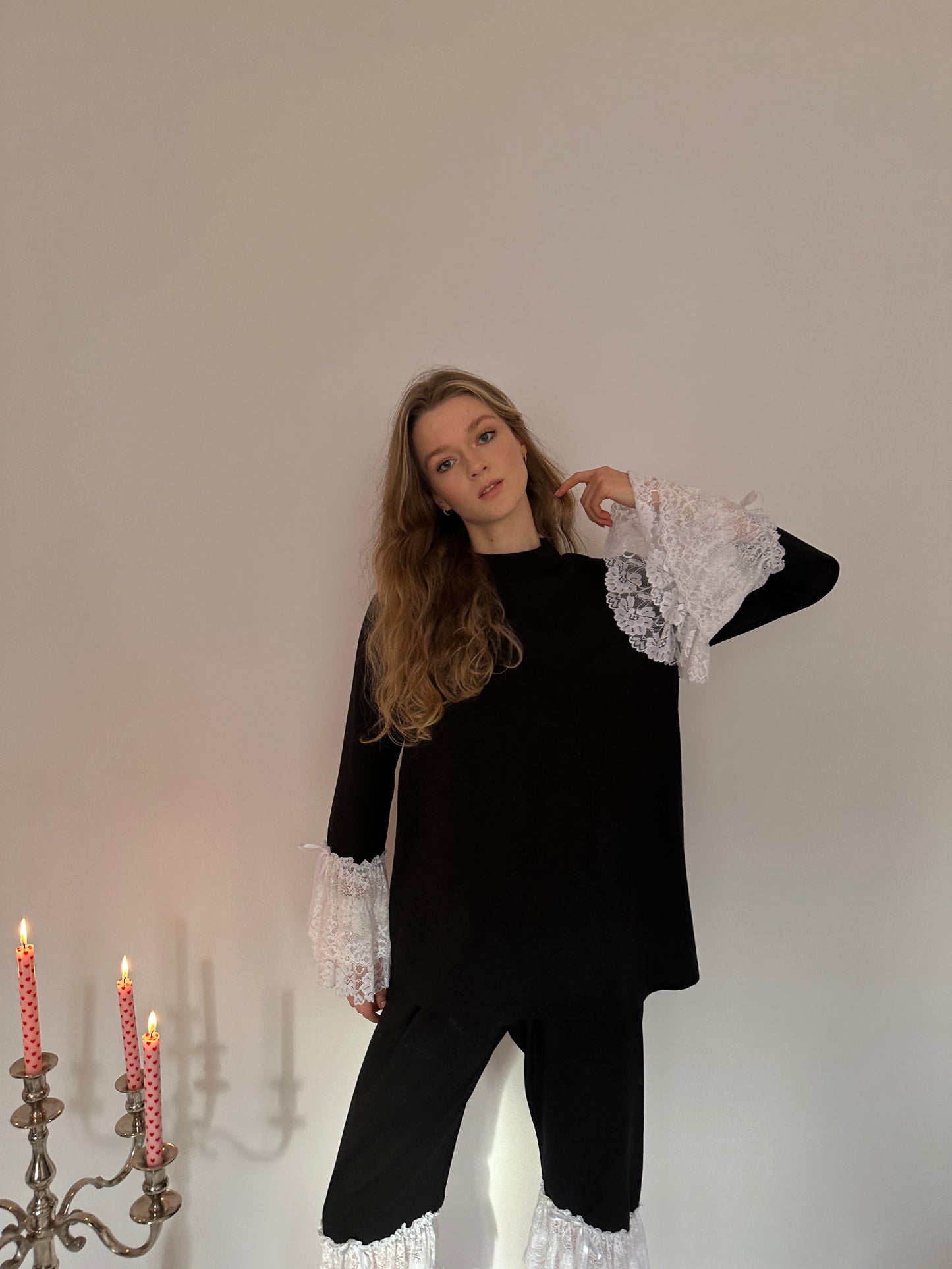 Black jersey white lace capri trousers