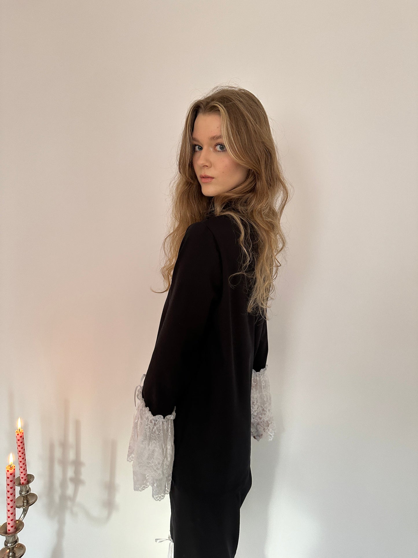 Black jersey white lace capri trousers