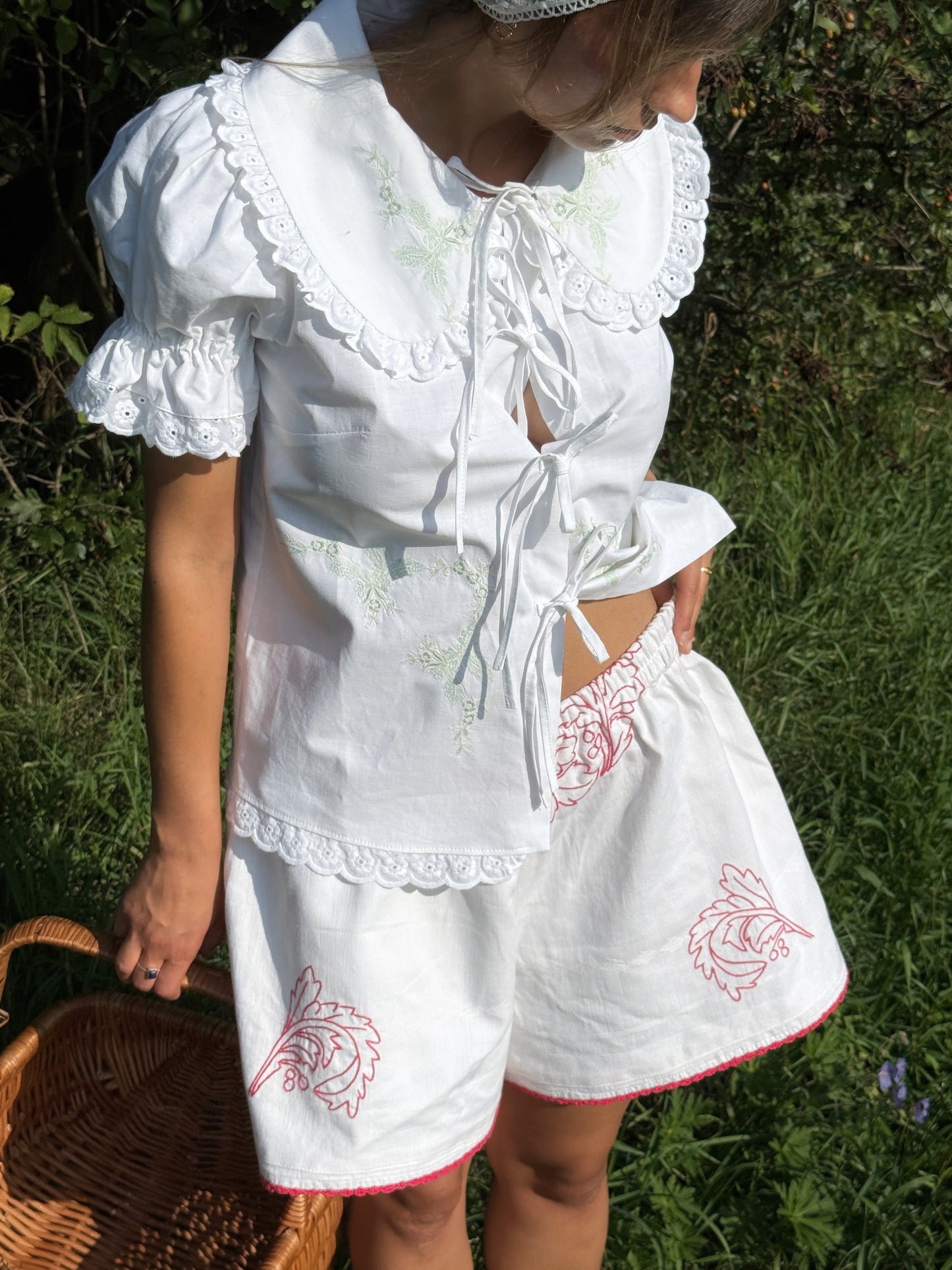 Reworked Red Embroidery Shorts