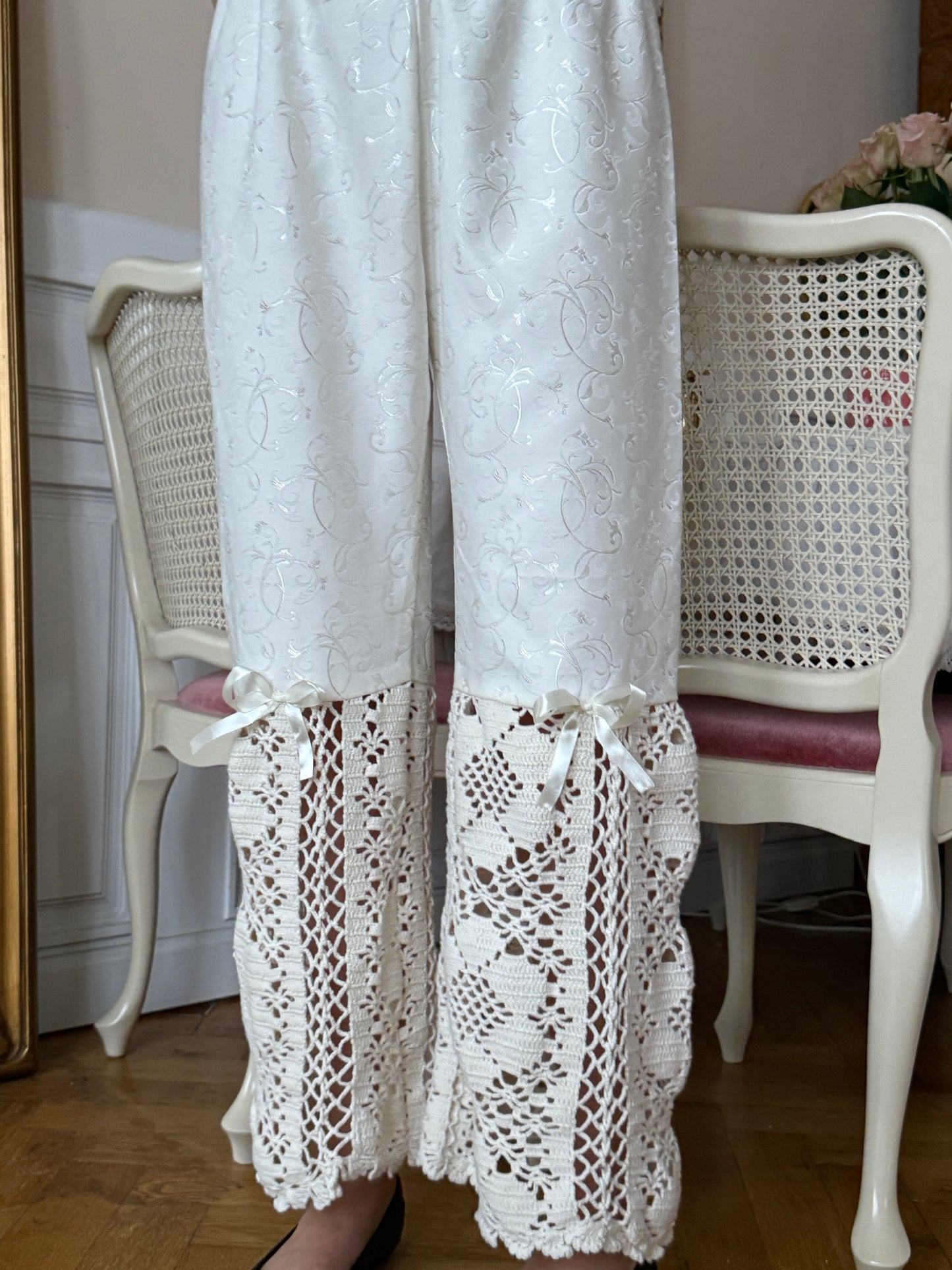 Reworked cream crochet trousers
