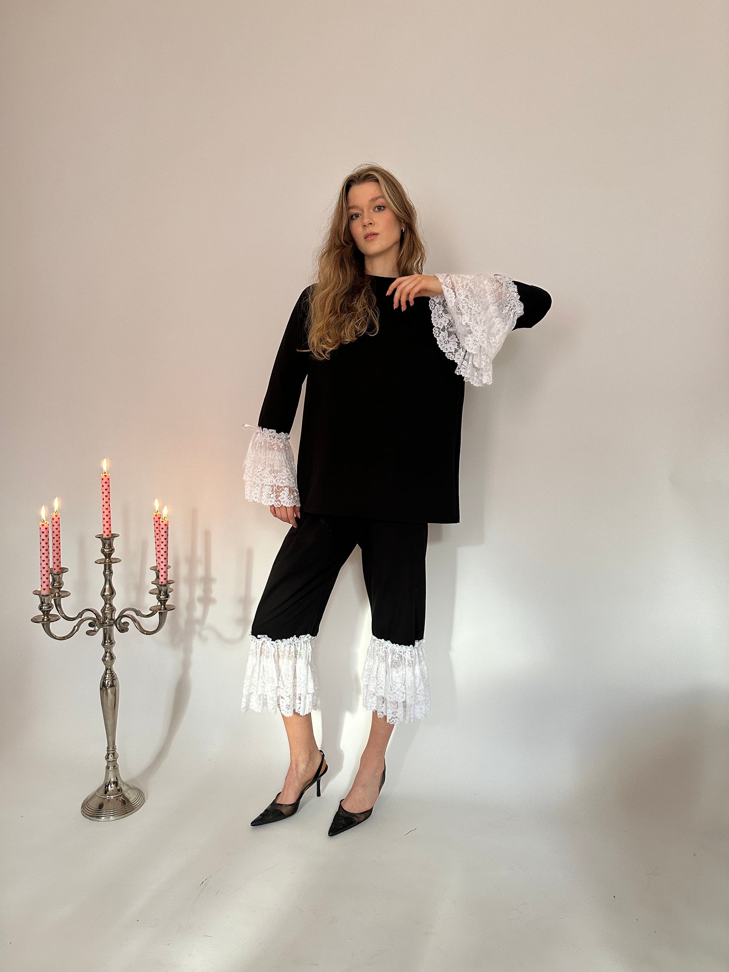 Black jersey white lace turtleneck