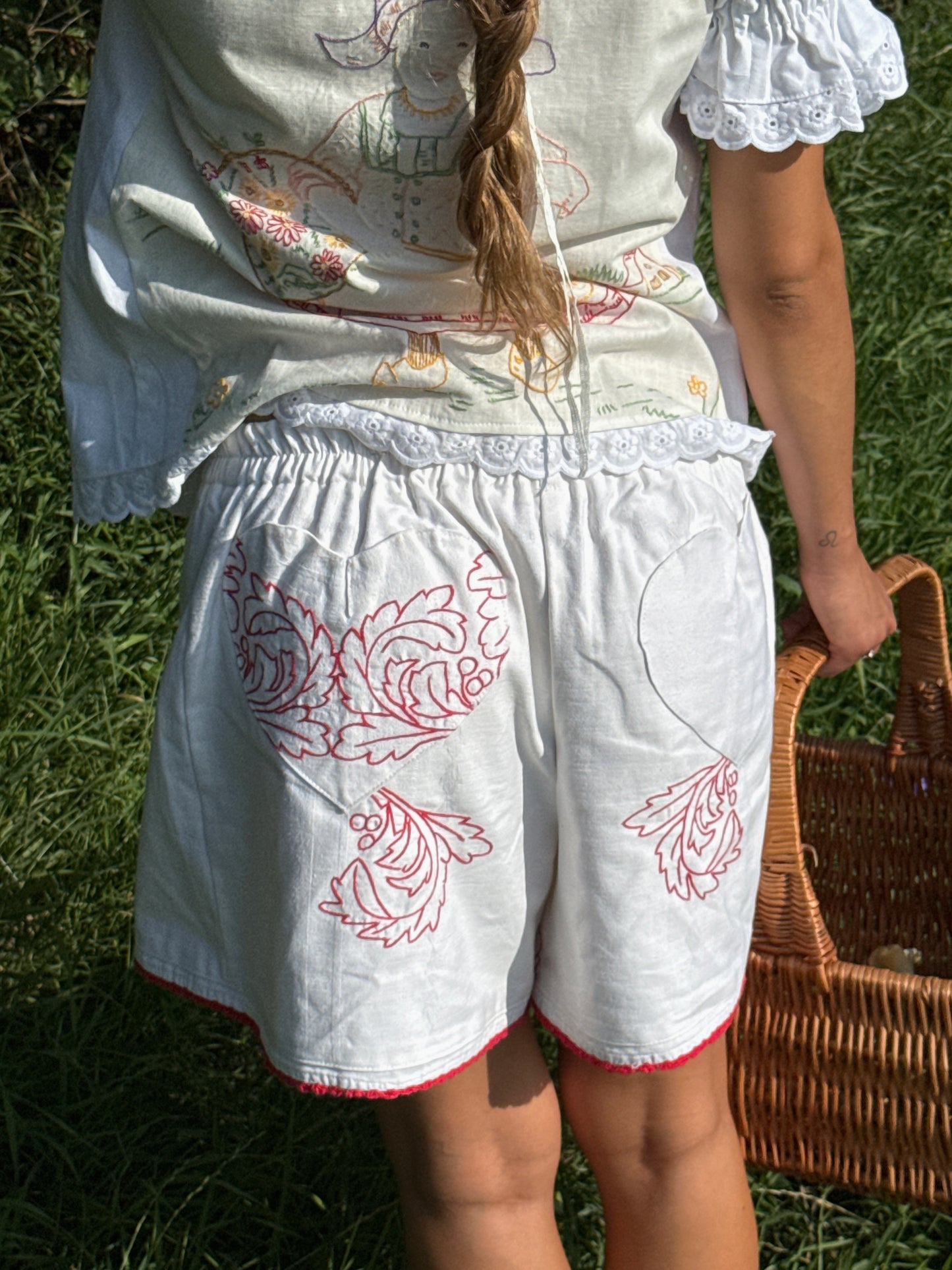 Reworked Red Embroidery Shorts