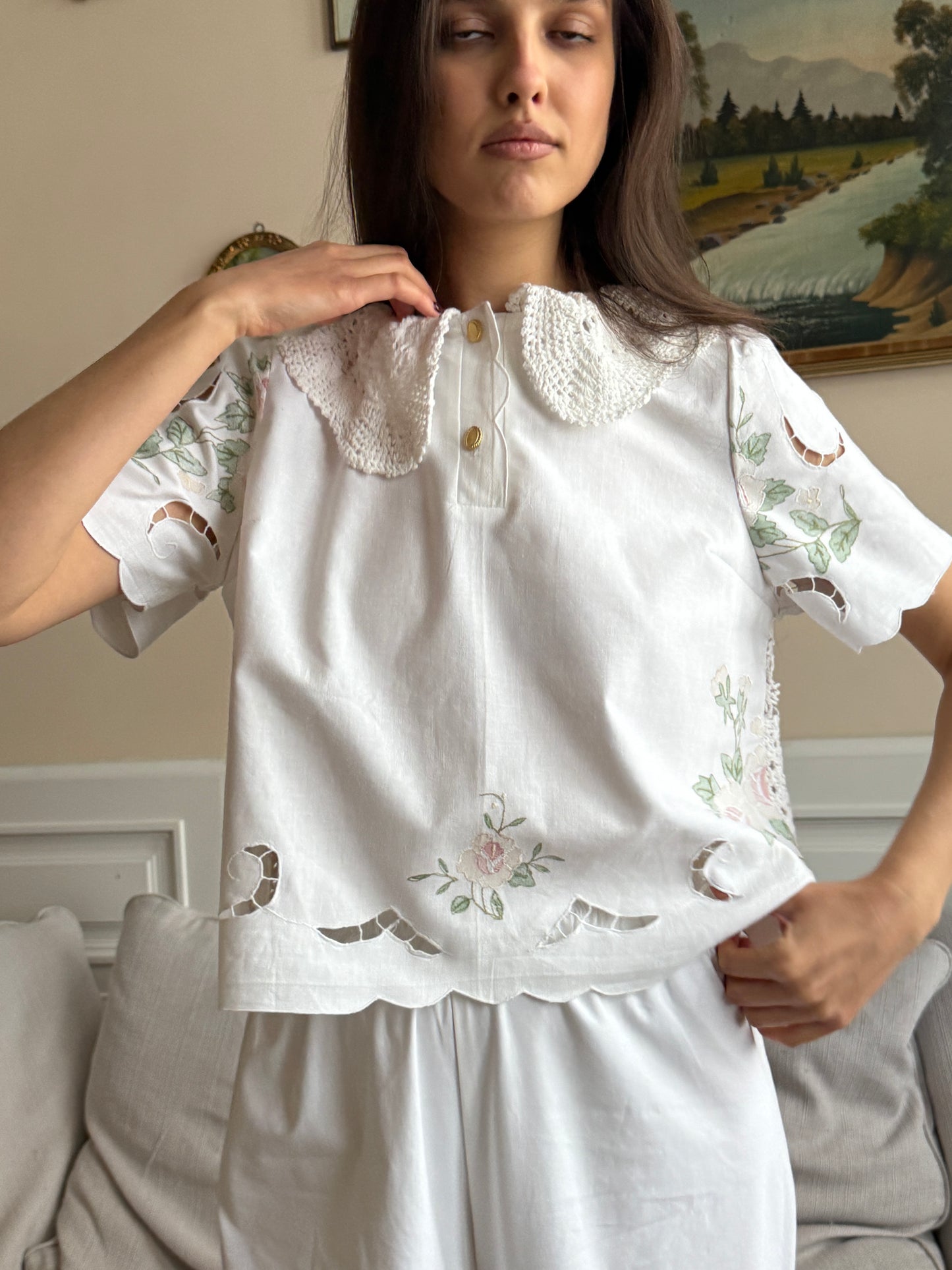 Reworked Shirt Tiny Flower Emboidery