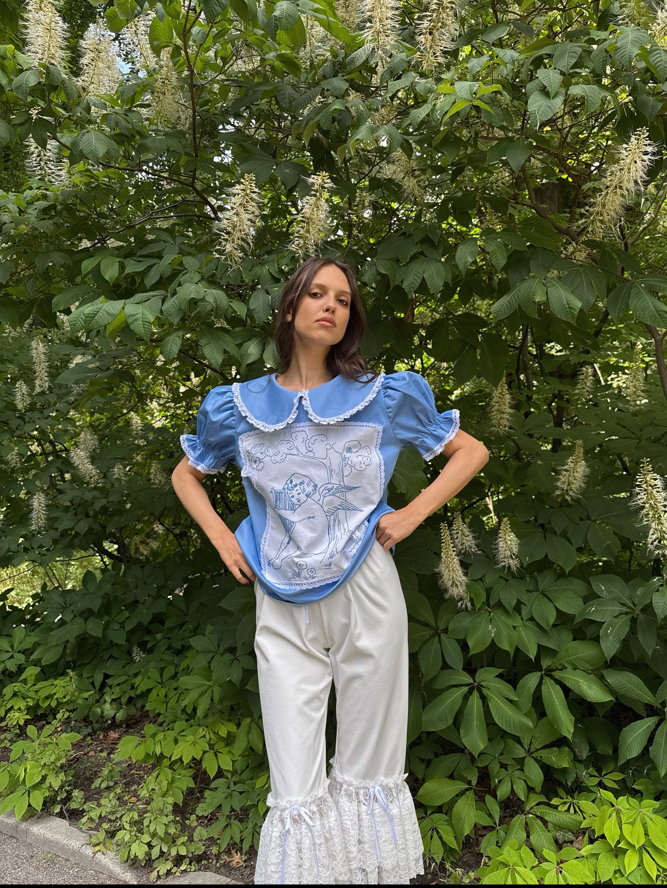 Reworked Angel Embroidery Blue Shirt