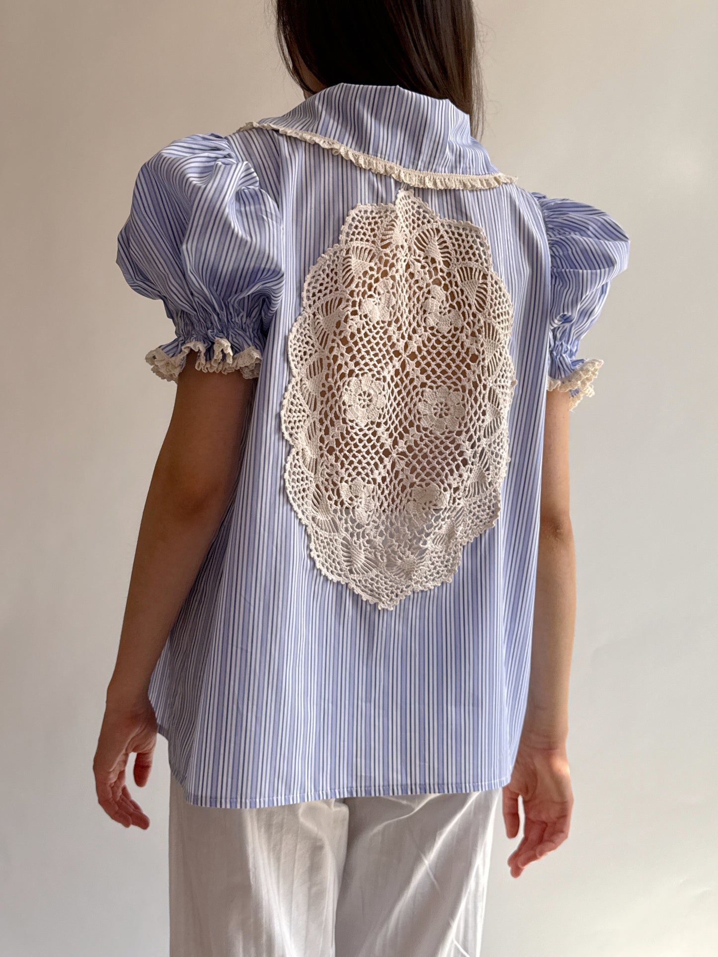 Reworked shirt with vintage doily on the back