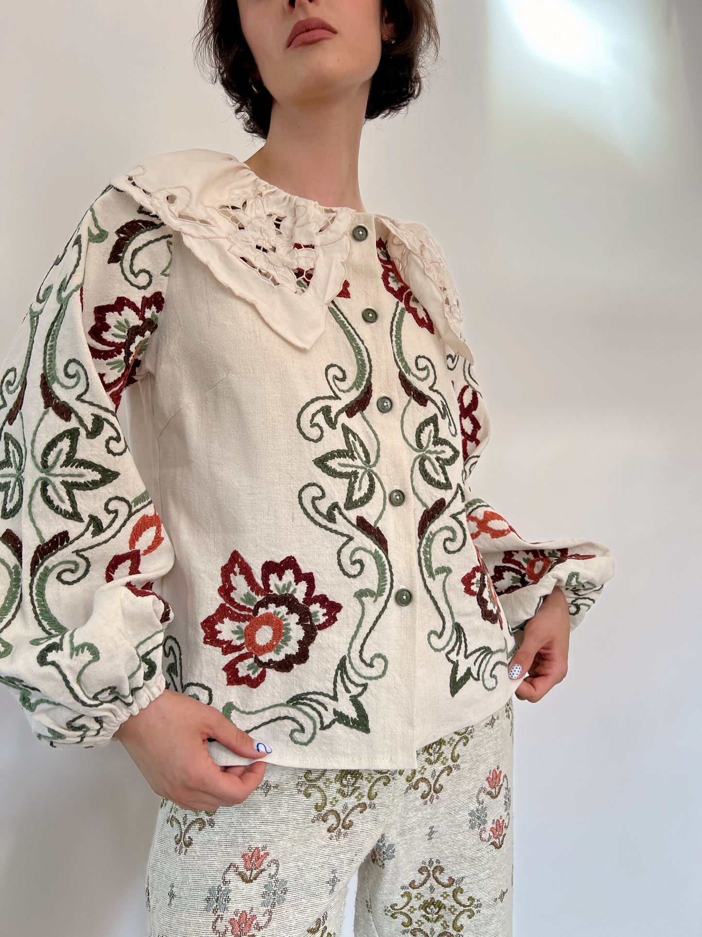 Reworked embroidery floral linen shirt