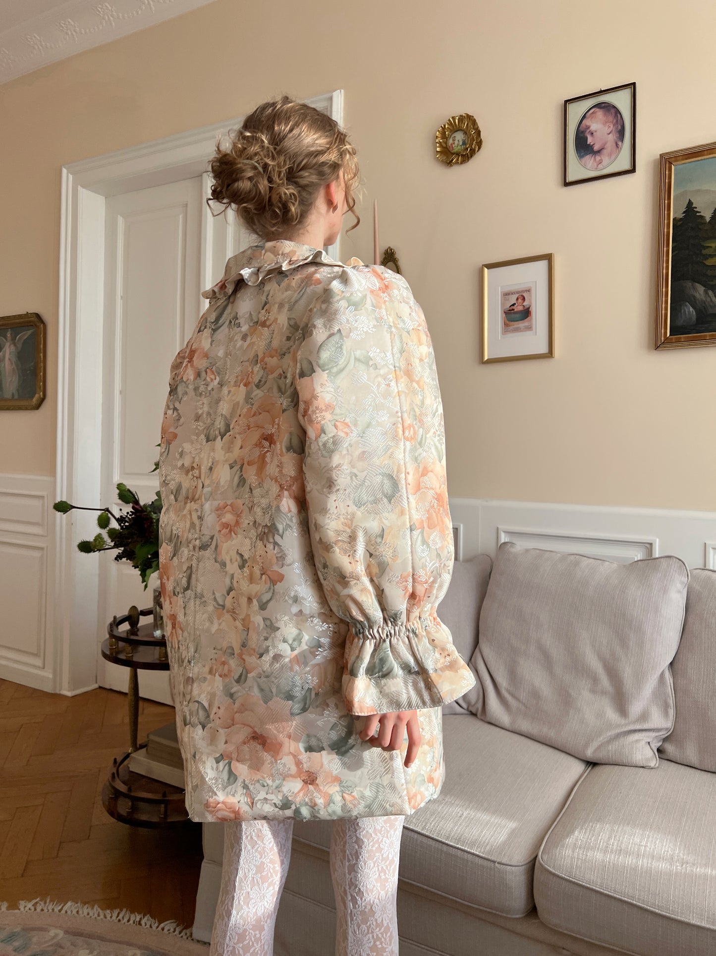 Reworked satin floral long coat