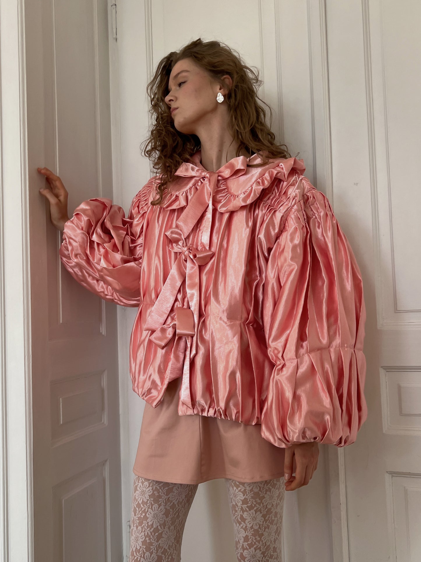 Reworked satin pink ruched coat II