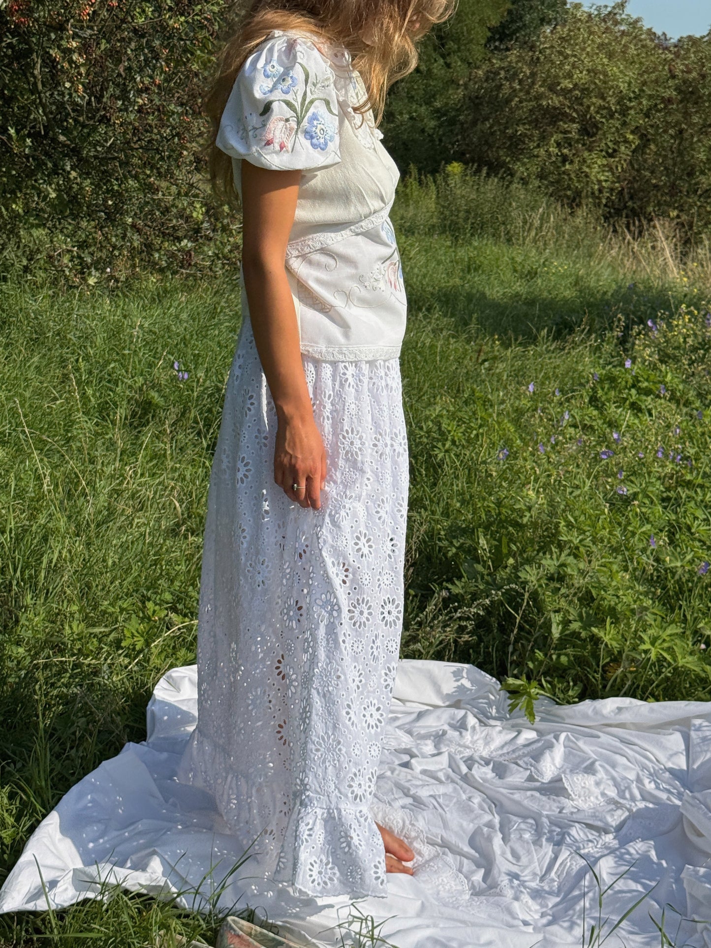 Reworked White Cotton Maxi Skirt