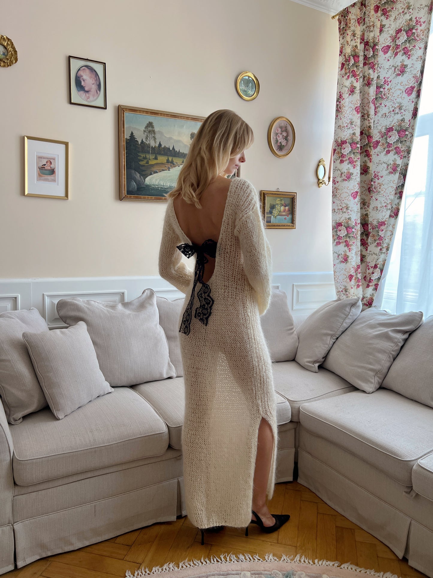 Cream backless mohair knit dress