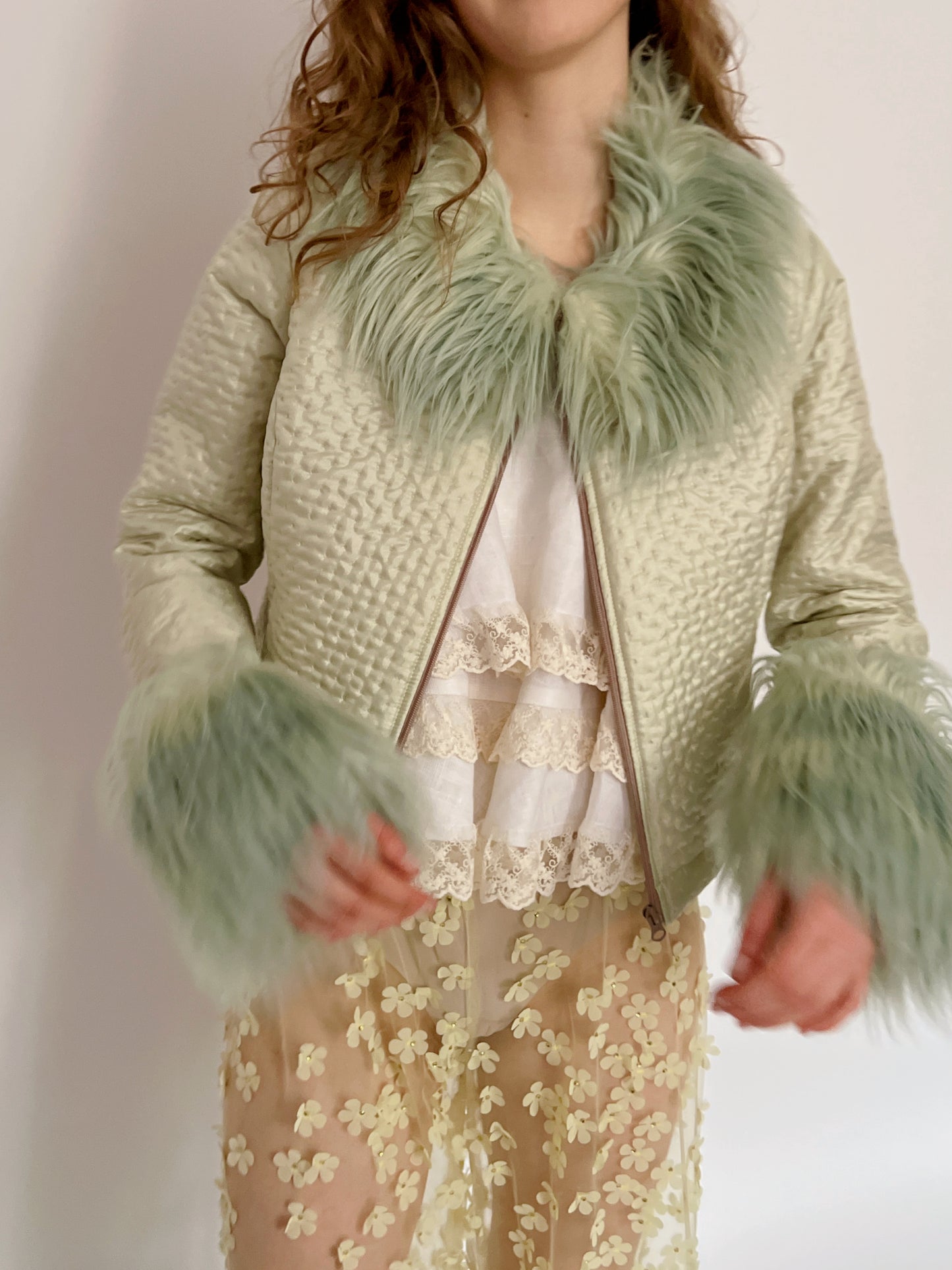 Sage green faux fur jacket, size XS, S and M