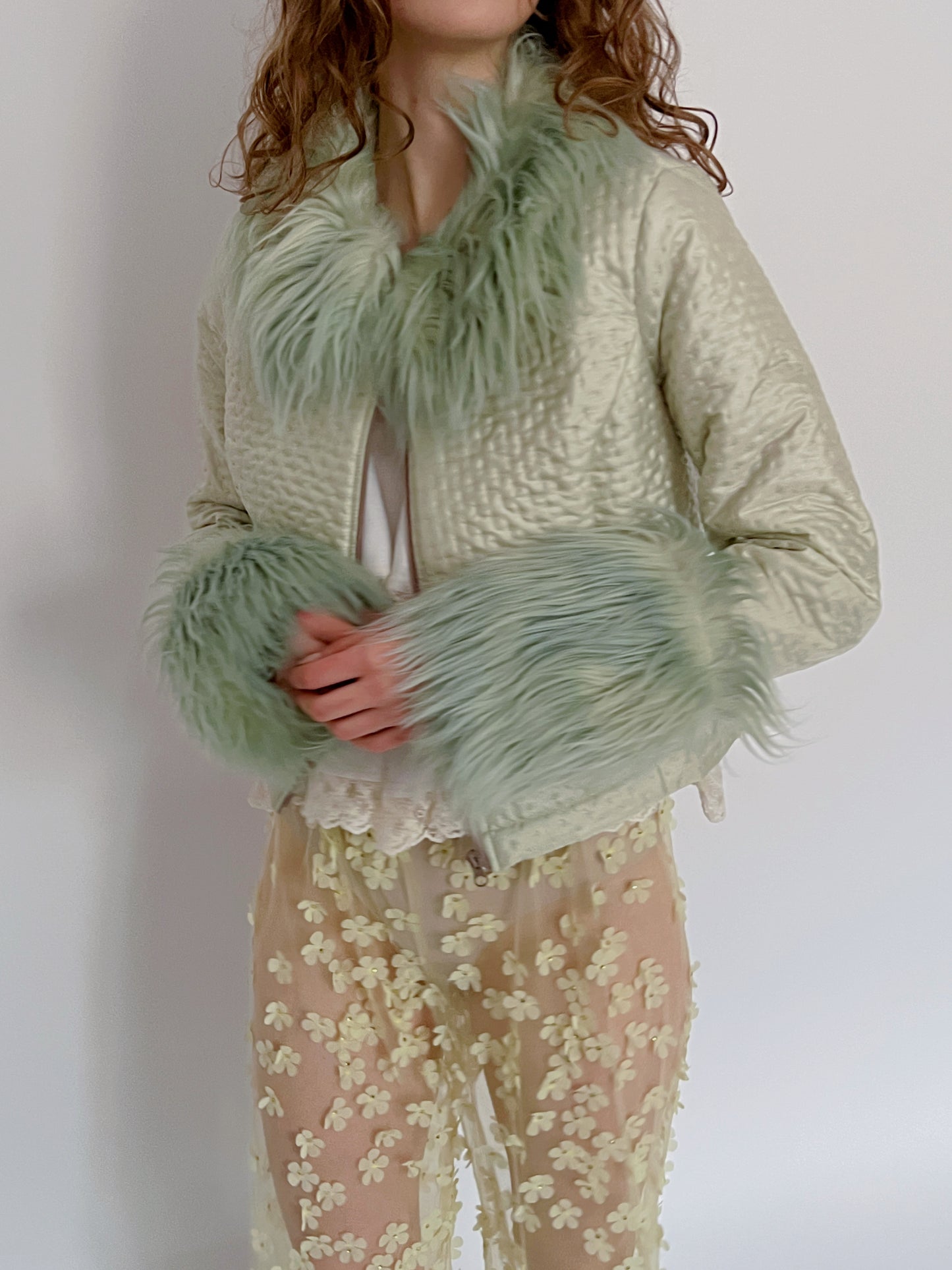 Sage green faux fur jacket, size XS, S and M