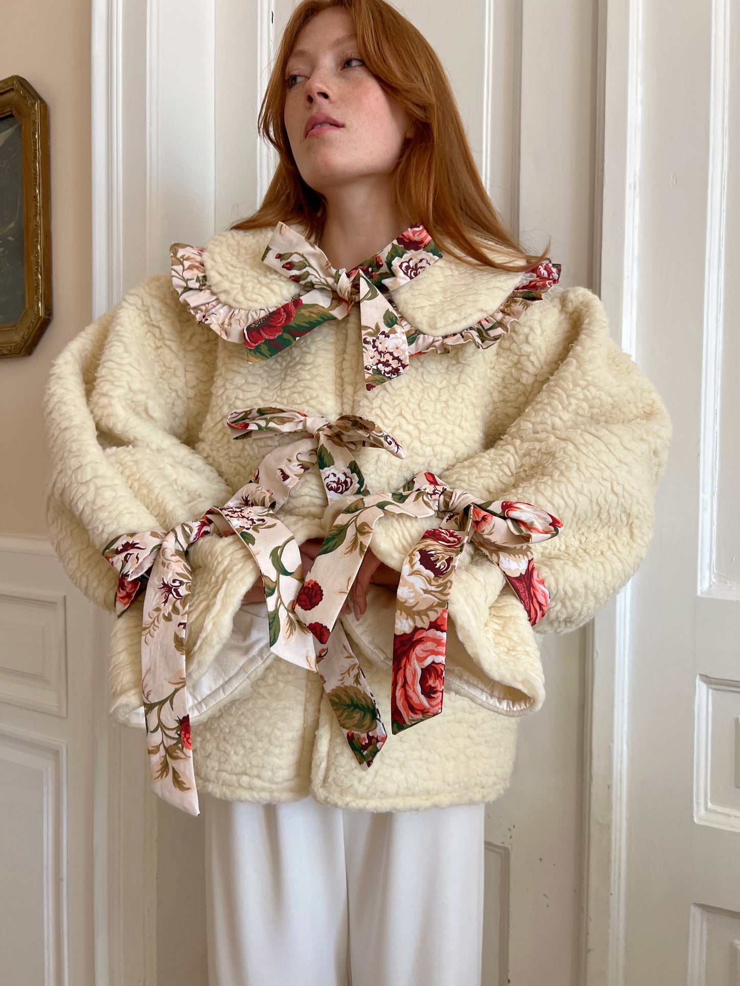 Reworked wool coat with floral details II