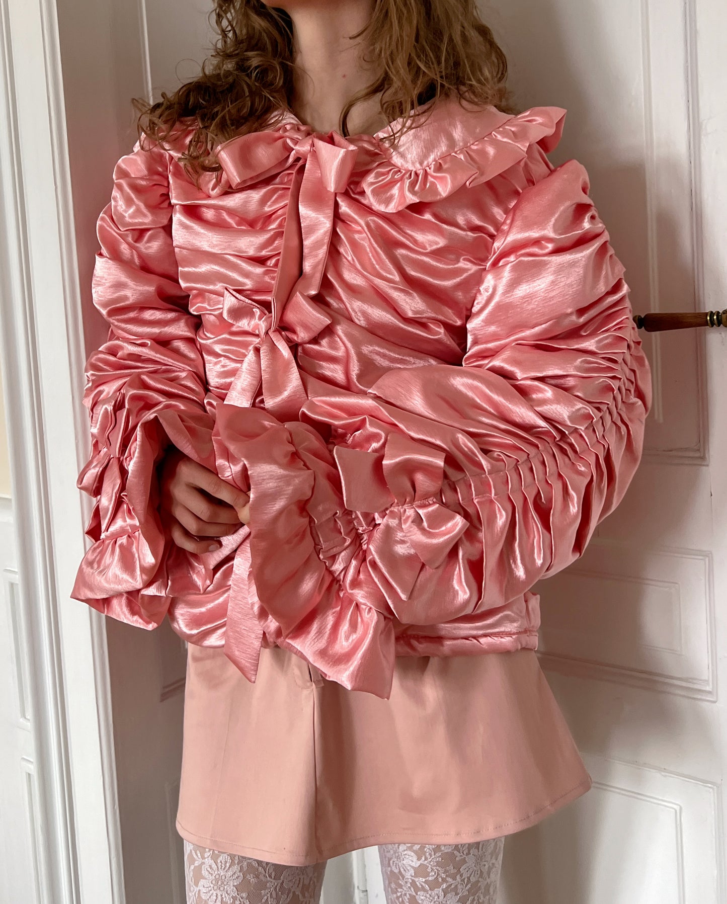 Reworked satin pink ruched coat I