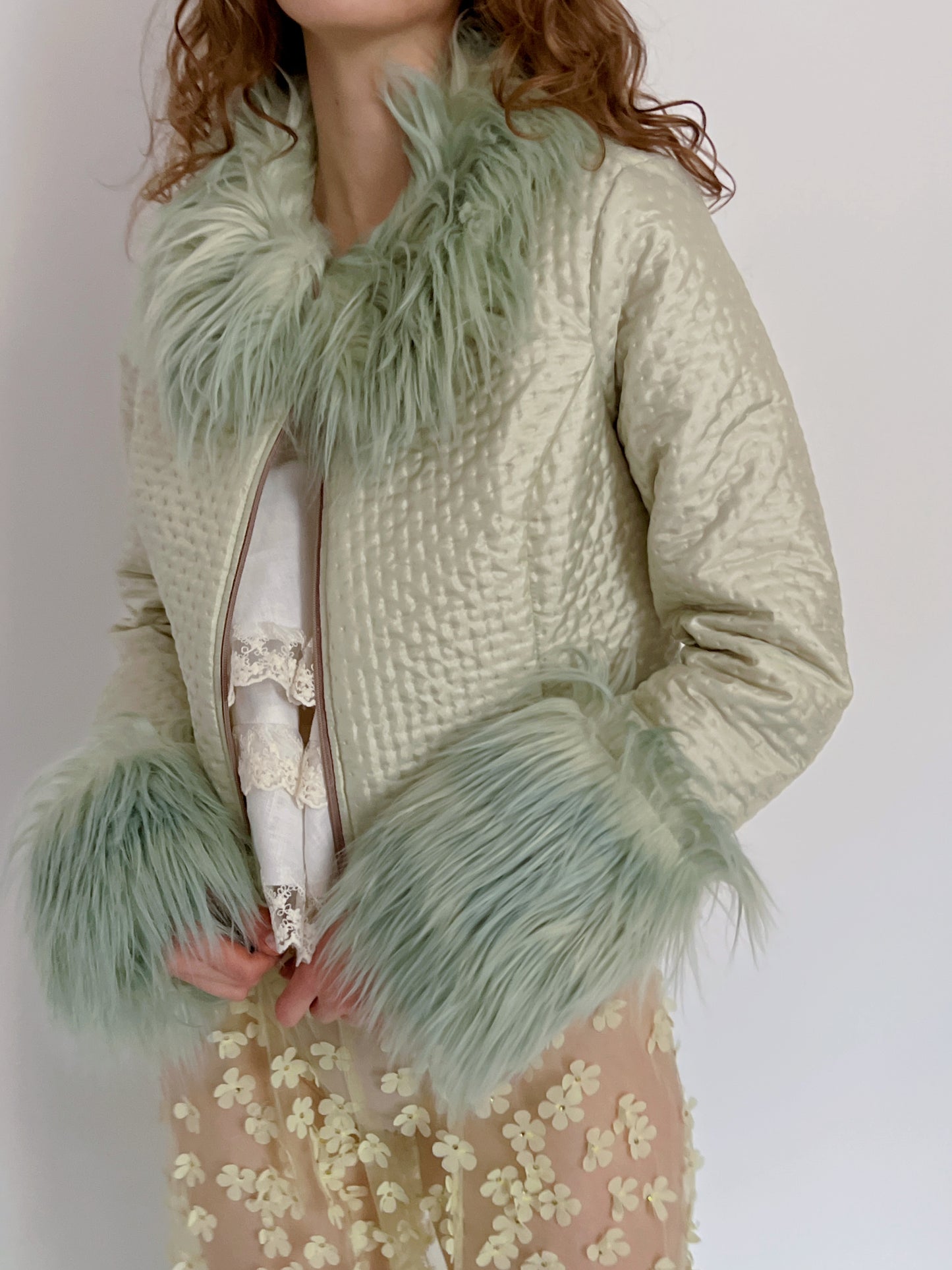 Sage green faux fur jacket, size XS, S and M