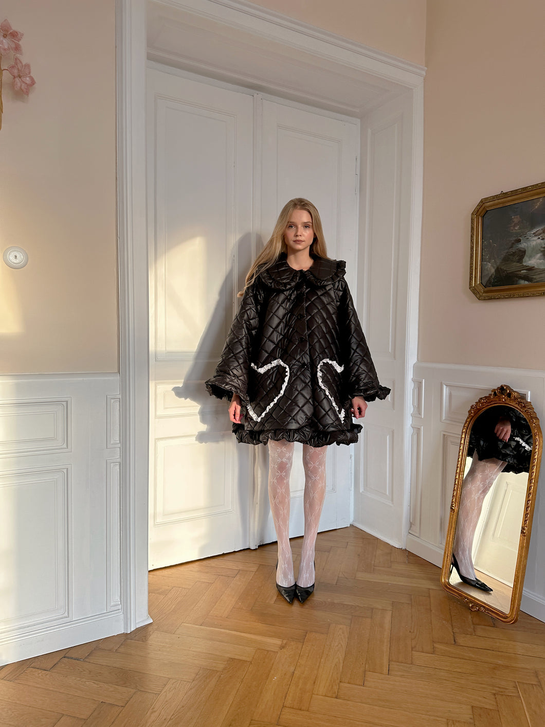 Ruffle Oversized Raincoat in black