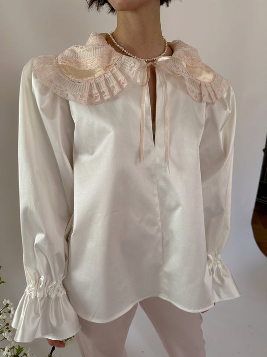 Upcycled satin shirt with lace collar