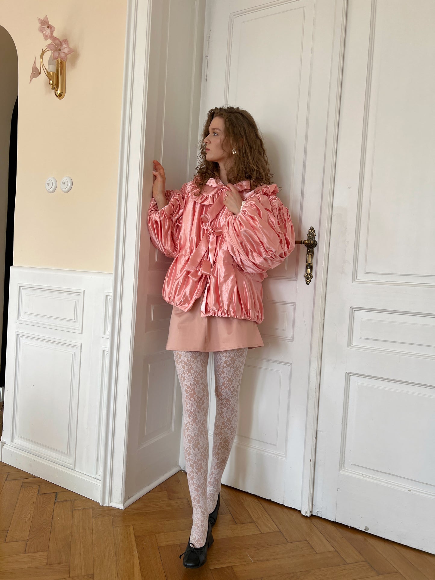 Reworked satin pink ruched coat II