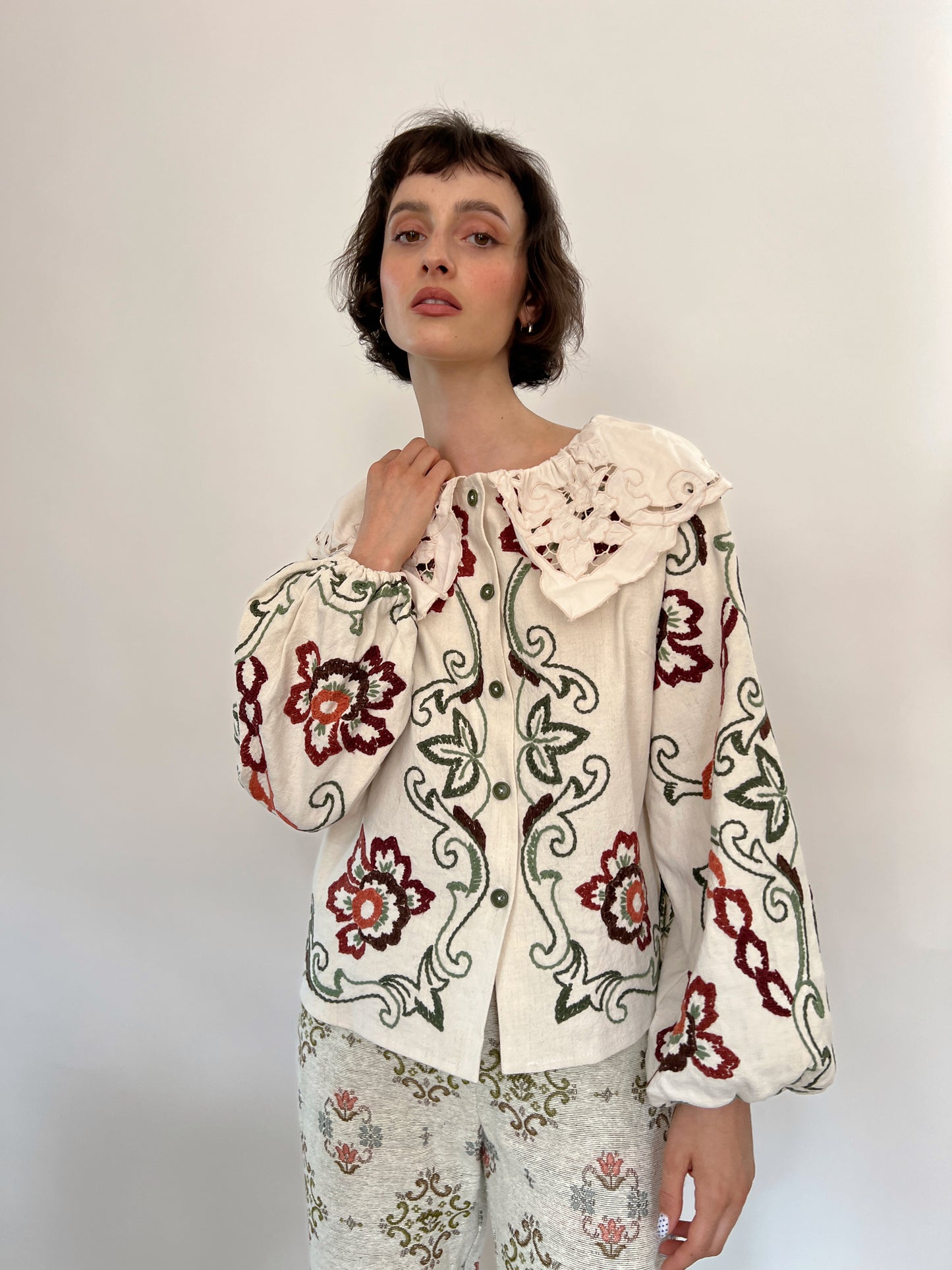 Reworked embroidery floral linen shirt