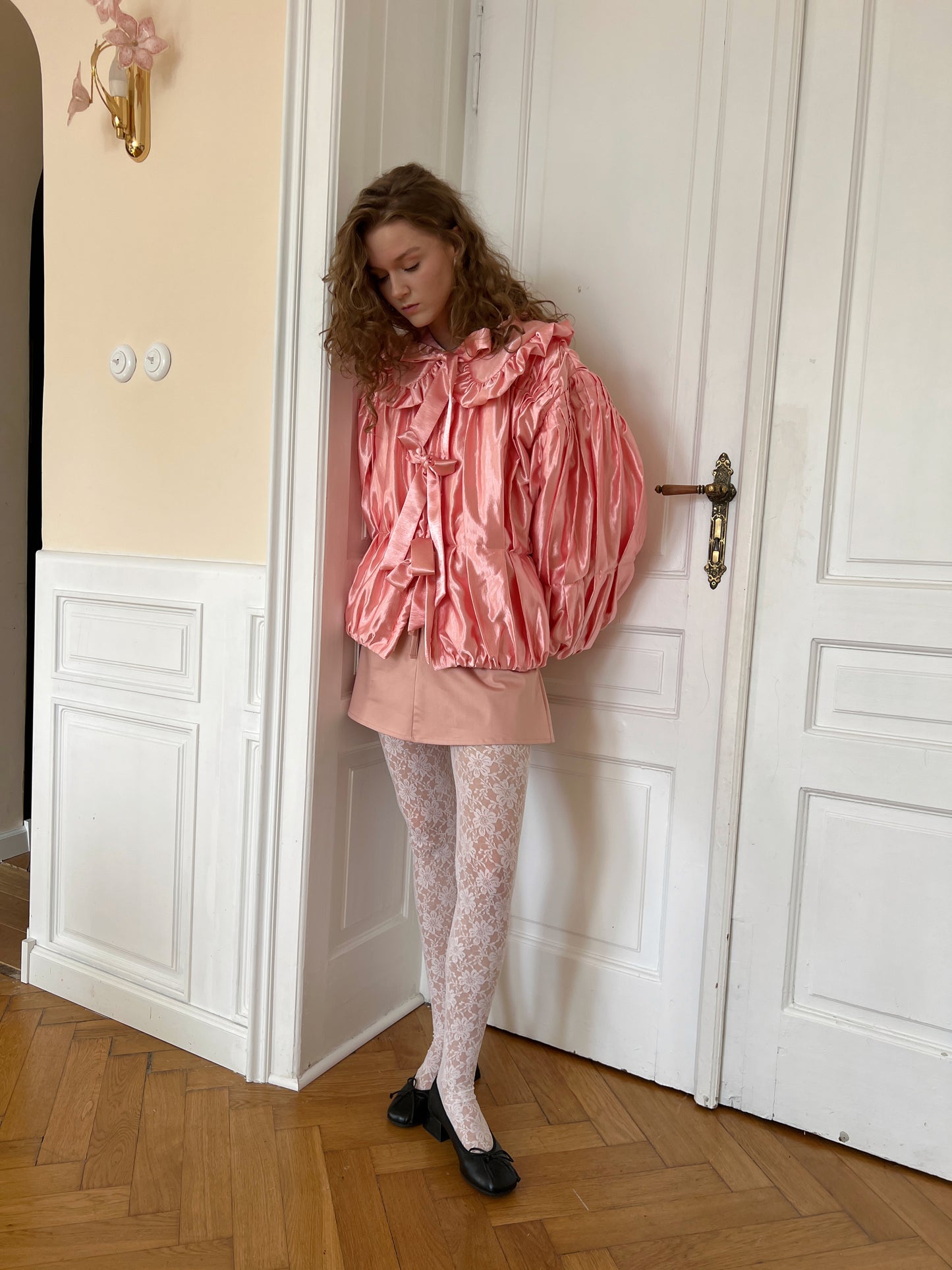 Reworked satin pink ruched coat II