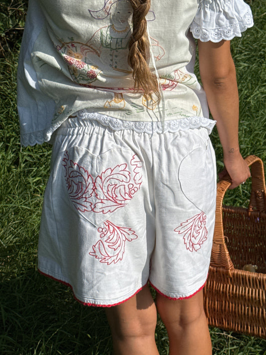 Reworked Red Embroidery Shorts