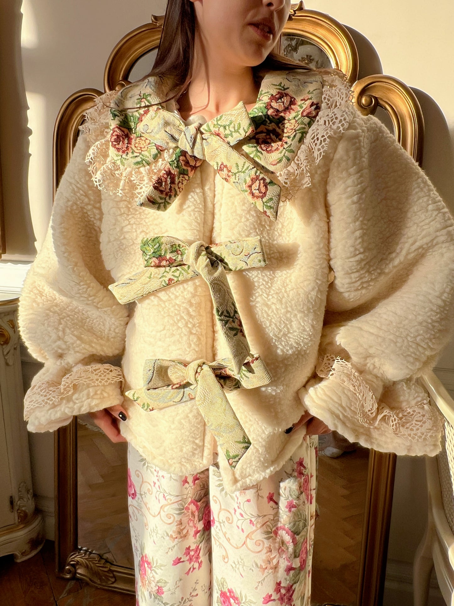 Reworked wool coat with floral details