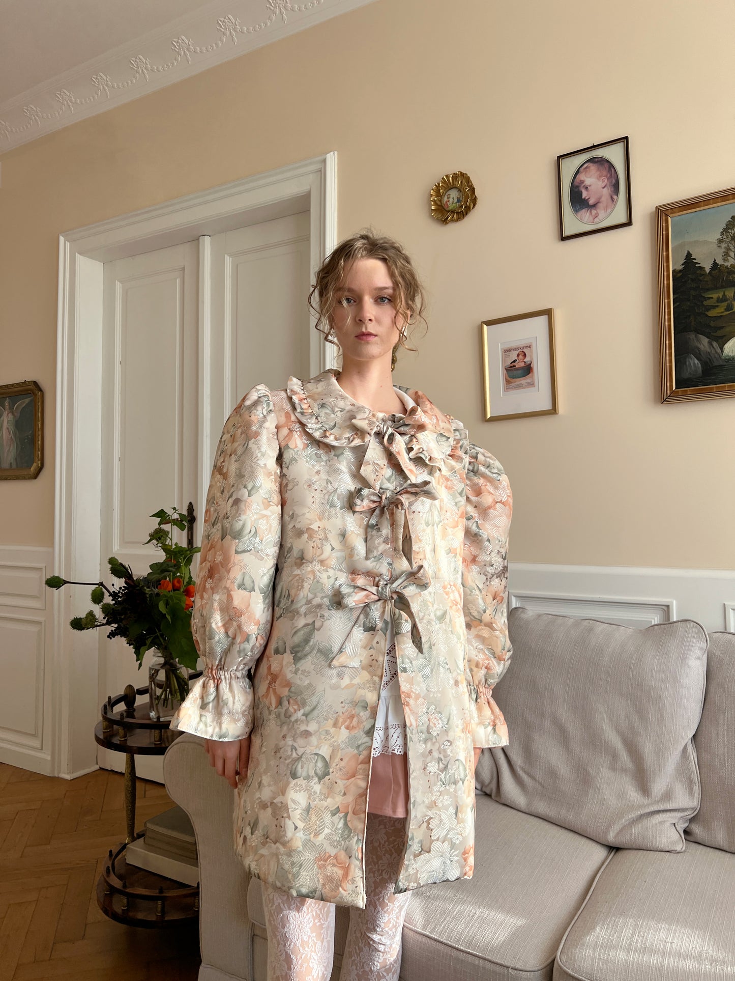 Reworked satin floral long coat