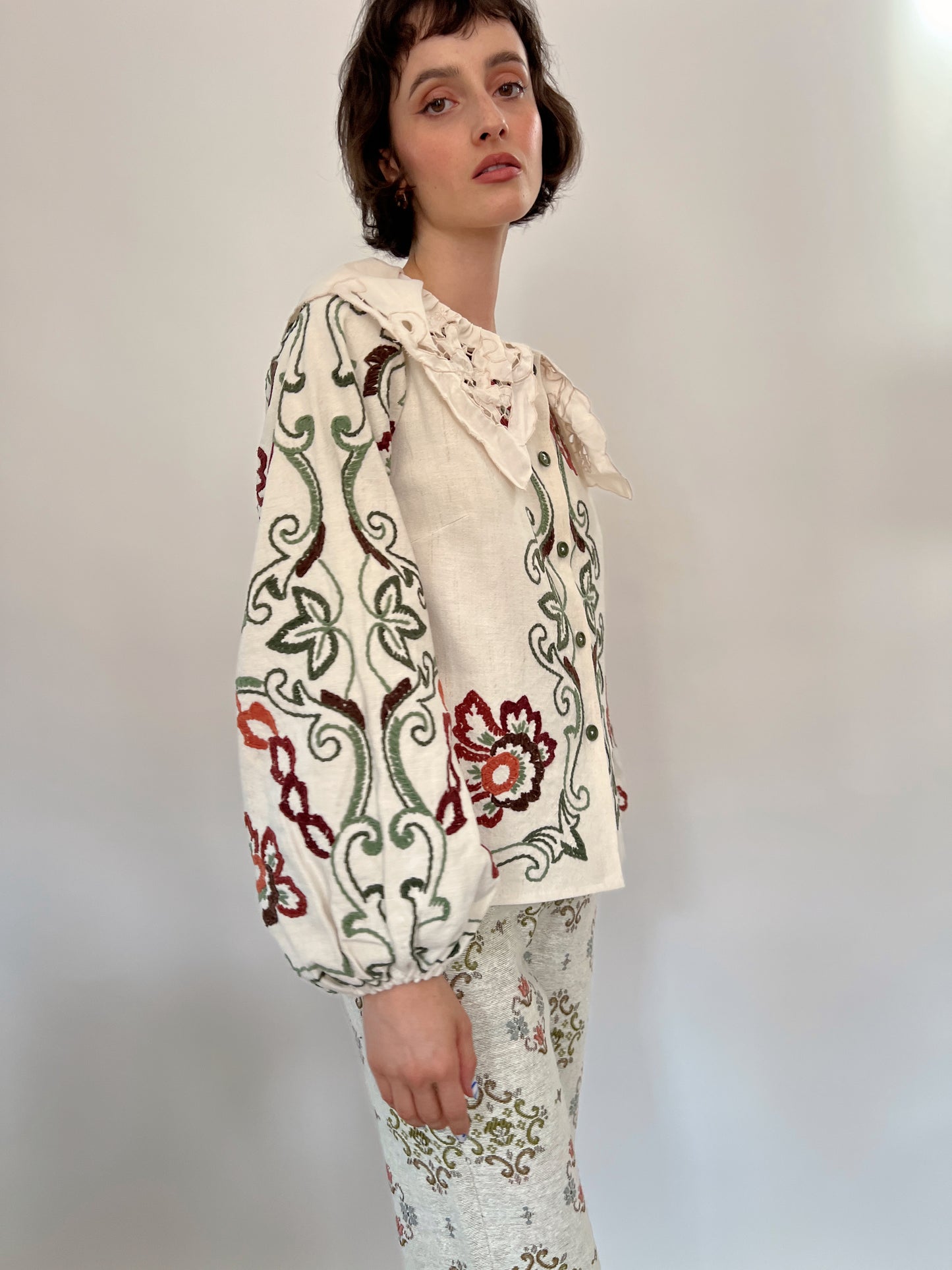 Reworked embroidery floral linen shirt