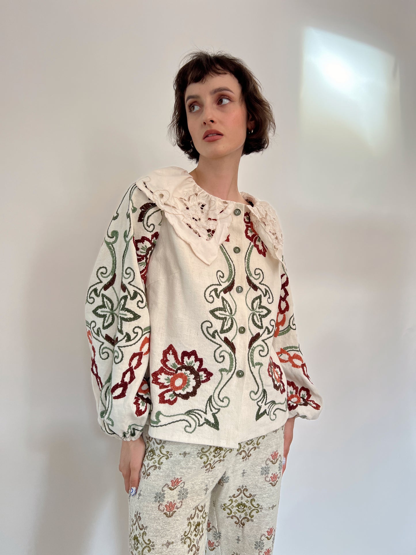 Reworked embroidery floral linen shirt