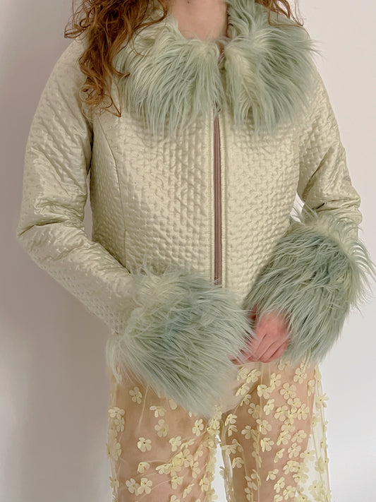 Sage green faux fur jacket, size XS, S and M