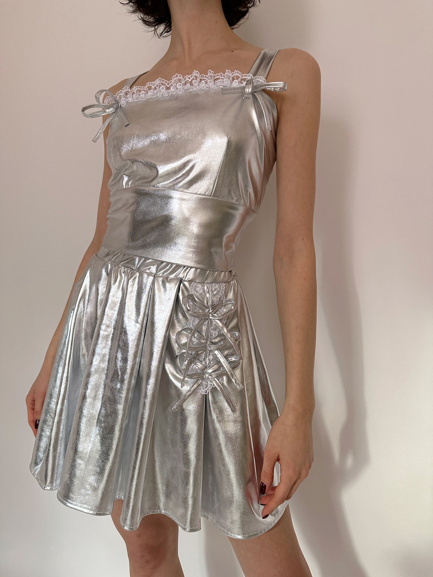 Metallic silver pleated skirt