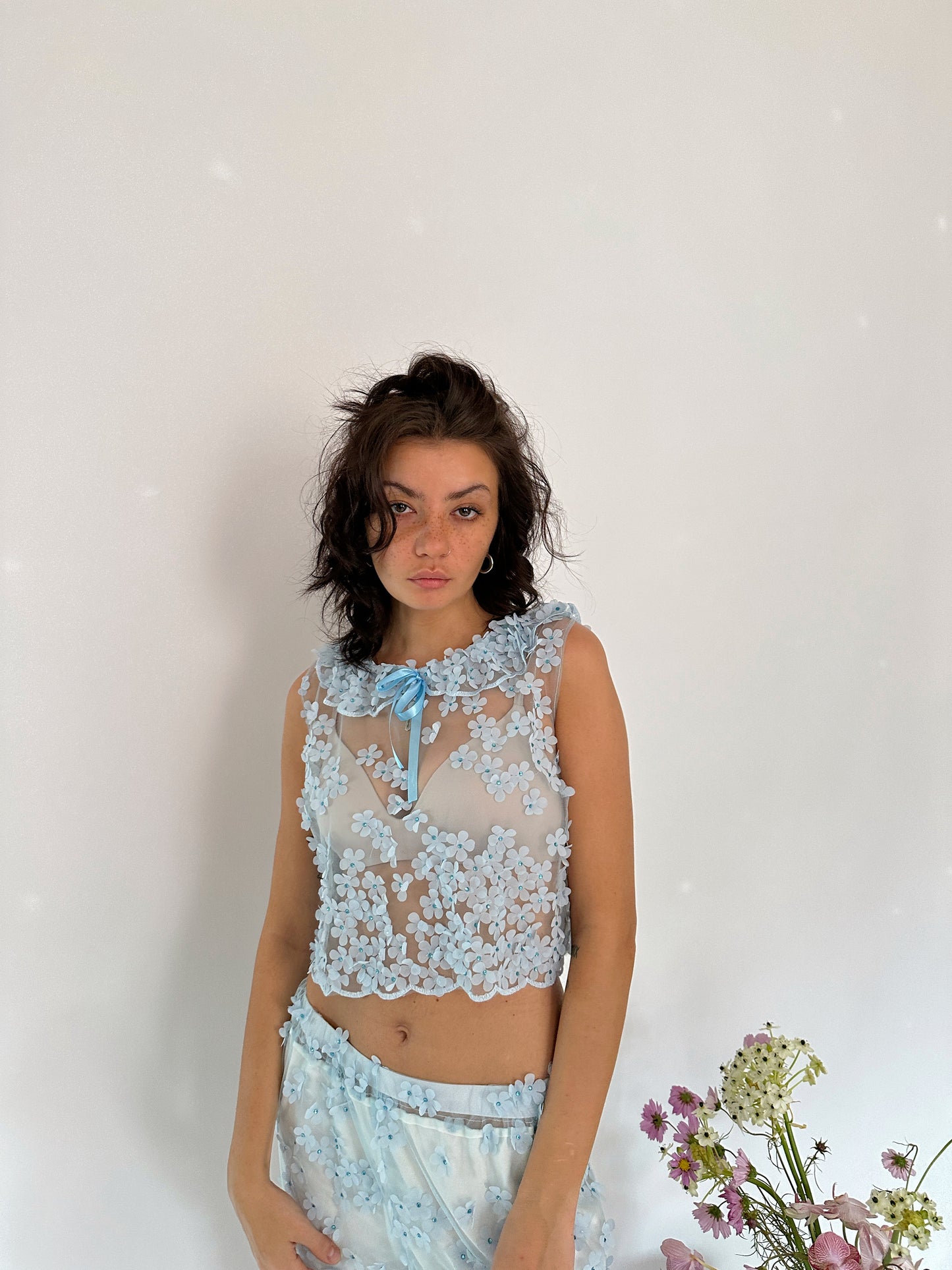 Blue Sheer Mini Florals Trousers