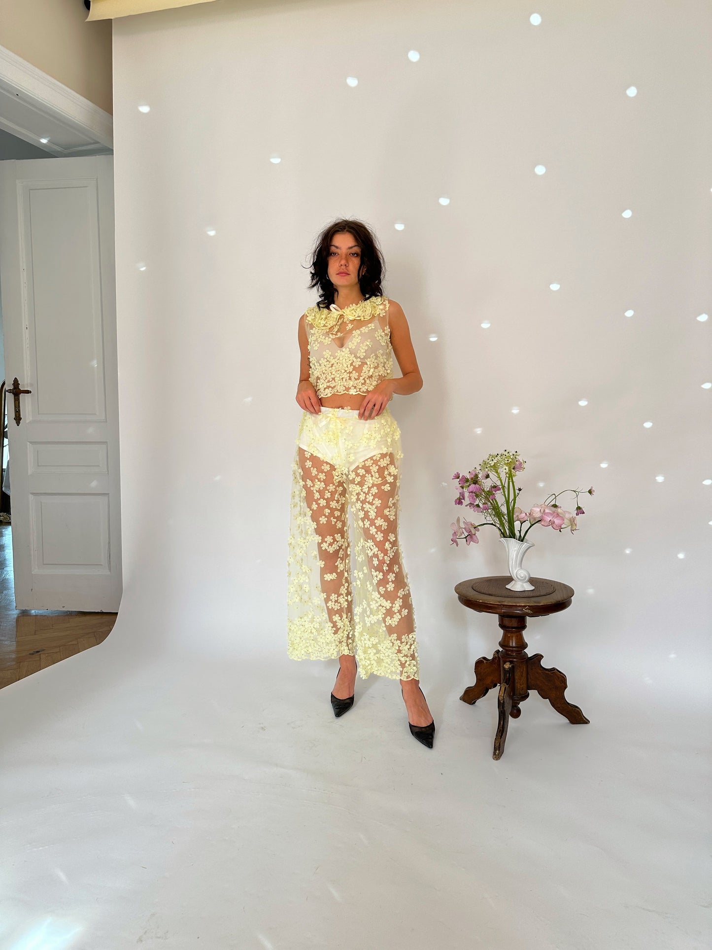 Yellow Sheer Mini Florals Trousers