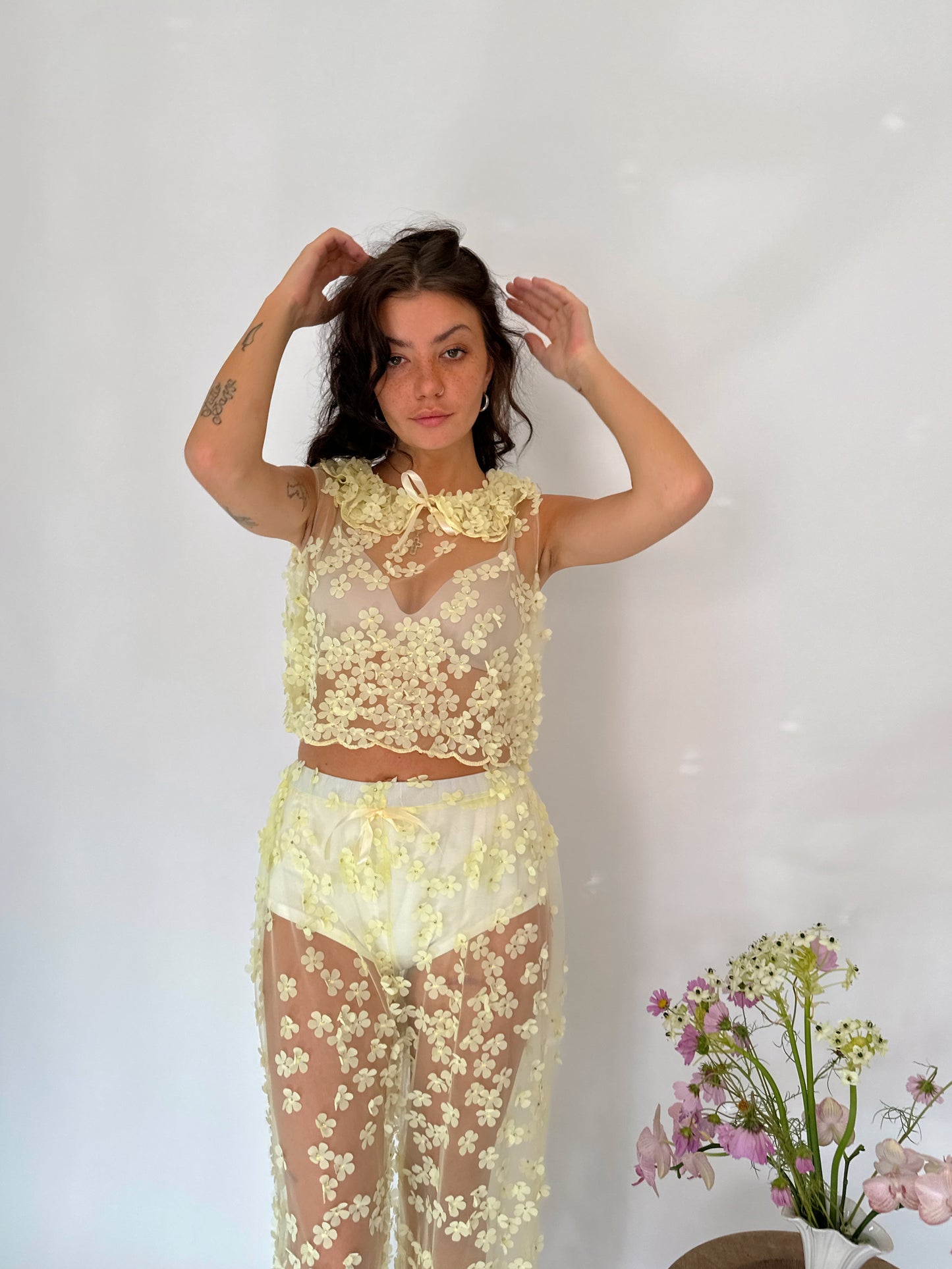 Yellow Sheer Mini Florals Trousers