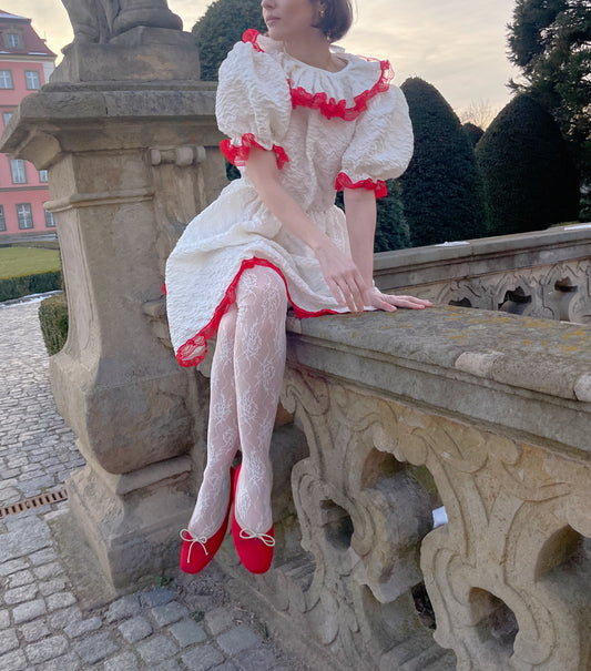 Upcycled white linen dress with red lace
