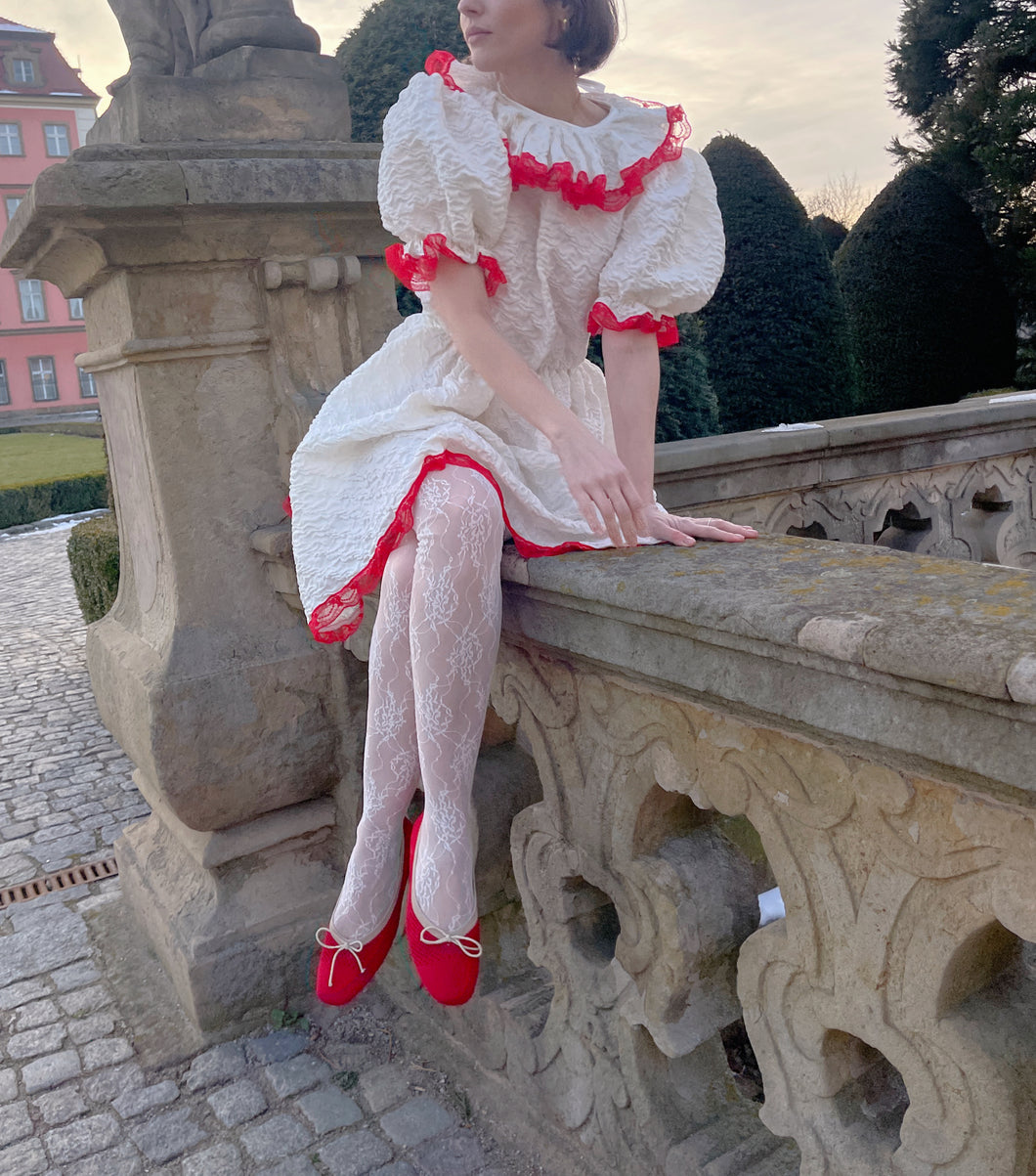 Upcycled white linen dress with red lace