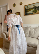 Load image into Gallery viewer, Upcycled lace white dress with velvet ribbons

